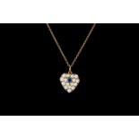 A SAPPHIRE AND PEARL HEART SHAPED PENDANT, on chain