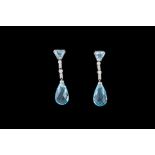 A PAIR OF AQUAMARINE BRIOLETTE AND DIAMOND DROP EARRINGS, with aquamarines of approx 17.33ct, in