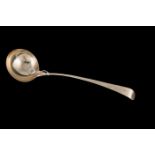 A GEORGE III SILVER BOW HANDLED SOUP LADLE, engraved 'F', London 1805