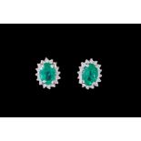 A PAIR OF EMERALD AND DIAMOND OVAL CLUSTER EARRINGS, with emeralds of approx. 1.54ct, diamonds of
