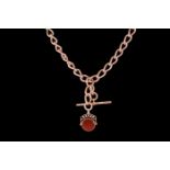 A 9CT ROSE GOLD ALBERT CHAIN, suspending a bloodstone and carnelian fob