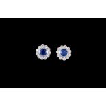 A PAIR OF SAPPHIRE AND DIAMOND CLUSTER EARRINGS, mounted on 18ct gold