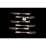 A SET OF SIX EDWARDIAN SILVER CAKE FORKS, with three prongs and ornate cast handles, Sheffield,
