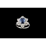 A SAPPHIRE AND DIAMOND OVAL CLUSTER RING, with oval cut sapphire of 3.