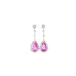 A PAIR OF PINK SAPPHIRE AND DIAMOND PENDANT DROP EARRINGS, with pink sapphires of approx 4.