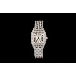 A LADIES 18CT WHITE GOLD CARTIER SANTOS DEMOISELLE WRIST WATCH, diamond set throughout,