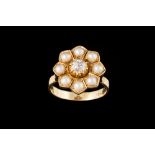 AN ANTIQUE DIAMOND AND PEARL CLUSTER RING,