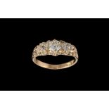 A VICTORIAN DIAMOND THREE STONE CARVED DRESS RING, with diamonds of approx 1.