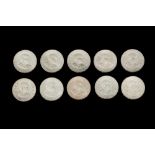 TEN 1966 SILVER IRISH PEARSE TEN SHILLING COINS, Uncirculated, 30 mm, 18 grams, 0.835 silver.