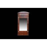 A MODERN EMPIRE STYLE PIER GLASS MIRROR, with mahogany frame and ormolu mounts,