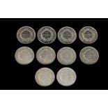TEN FRENCH 10 FRANC SILVER COINS 1964-69, Uncirculated, 38 mm, 0.90 silver, 25 grams each.