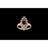 A RUBY AND DIAMOND NAVETTE CLUSTER RING, with one cushion cut ruby of approx 0.