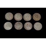 EIGHT FRENCH 50 FRANC SILVER COINS 1974-77, Uncirculated, 41 mm, 0.90 silver, 30 grams each.