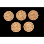 FIVE EDWARD VII GOLD SOVEREIGN UK COINS 1902-1910