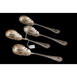 FOUR EDWARDIAN SILVER BERRY SPOONS, London 1902,