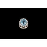 AN AQUAMARINE AND DIAMOND OVAL CLUSTER RING, one oval cut aquamarine of approx 16.25ct and