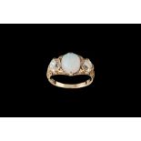 AN ANTIQUE OPAL AND DIAMOND THREE STONE RING, with centre cabochon precious opal of approx. 2.