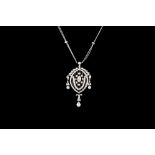 A DIAMOND OPENWORK PENDANT AND CHAIN, of Grecian style.