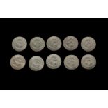 TEN 1966 SILVER IRISH PEARSE TEN SHILLING COINS, Uncirculated, 30 mm, 18 grams, 0.835 silver.