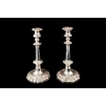 A PAIR OF VICTORIAN SHEFFIELD PLATED CANDLESTICKS,