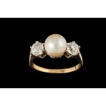 A THREE STONE CULTURED PEARL AND DIAMOND RING,