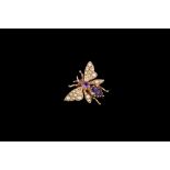 A BUTTERFLY BROOCH, set with seed pearl, amethyst and ruby,