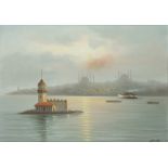 A painting depicting the Leander- or Maiden Tower, in the Bosphorus