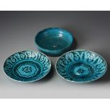 Two Islamic Turquoise glazed dishes and a bowl.