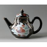 A Chinese mirror black-ground famille rose 'quails' teapot and cover