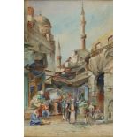 An Orientalist painting depicting animated street scene in Istanbul