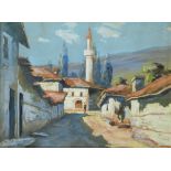 Two paintings depicting; Sunny street with hill side houses / Village with mosque and cypresses