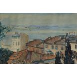 A painting depicting a view on roofs of houses near the Bosphorus