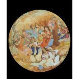 A circular painting depicting feasting and drinking couples.