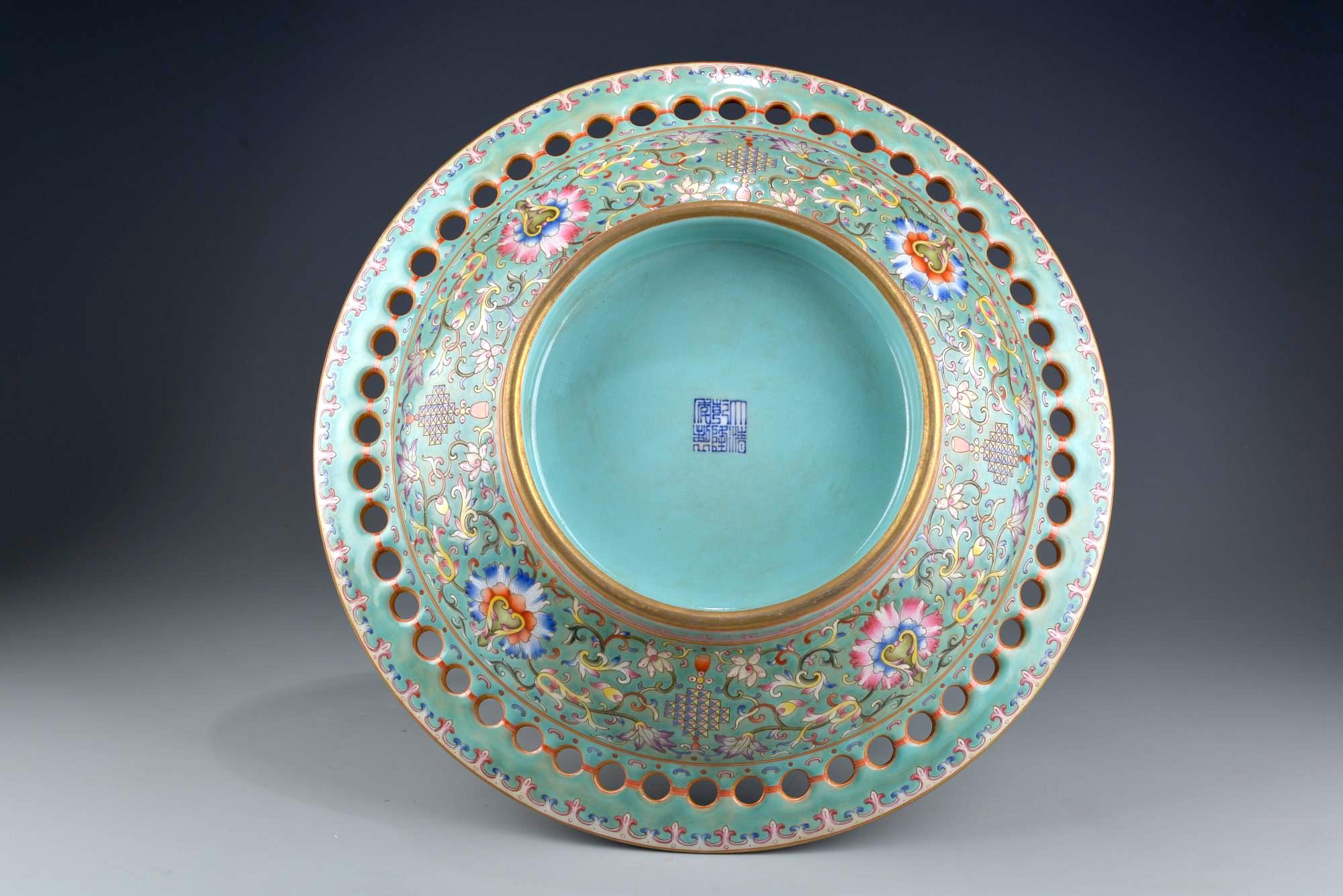A large Chinese turquoise-ground famille rose 'birthday' dish - Image 2 of 2