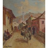 A painting depicting a Turkish street scene with minaret
