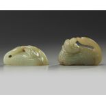 Two Chinese celadon jade geese carvings