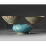 Two Islamic turquoise glazed bowls and a jar