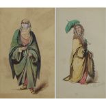 Two watercolours representing a standing lady