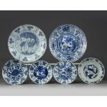 A group of six Chinese blue and white ‘Kraak porcelain’ dishes