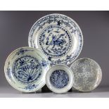 Four Chinese blue and white swatow dishes