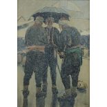 Three man under an umbrella, chatting in the snow