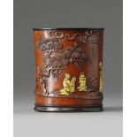 A Chinese bone-inlaid bamboo brush pot, bitong