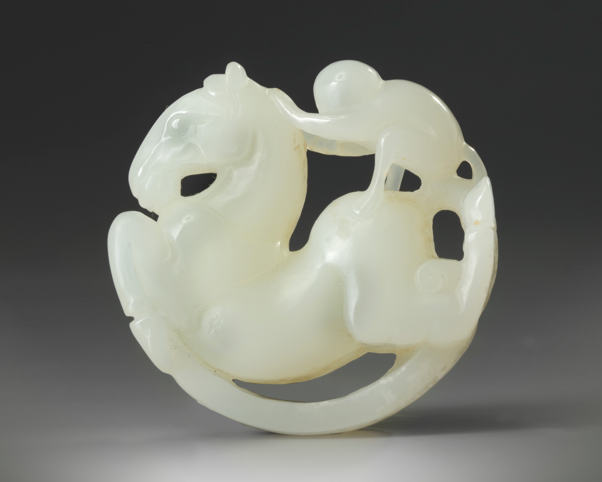 A Chinese white jade 'horse and monkey' carving - Image 2 of 2