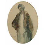 A painting depicting a standing man wearing a turban