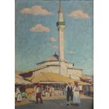 A painting depicting shops before the mosque in Istanbul