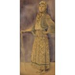 An Orientalist painting depicting a young Turkish woman in traditional cloth holding a stick