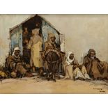A painting depciting resting people and a donkey before a wooden cabin