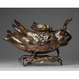 A large Chinese bronze finger citron censer and stand