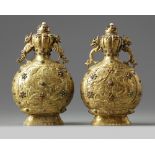 A pair of Chinese hardstone-inlaid gilt bronze 'dragon and phoenix' moonflasks
