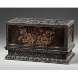 A Chinese gilt lacquer-decorated rectangular box and stand